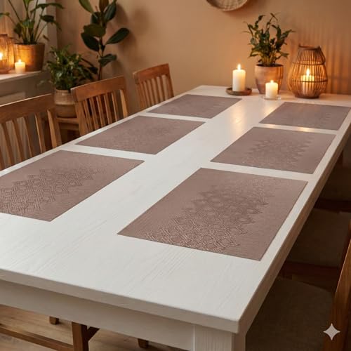 Image of YELONA Placemats Set of 6, Heat-Resistant Woven Vinyl Table Mats, Non-Slip & Washable Dining Tablemats for Kitchen & Dinner Decor, Rosy Brown (45cm x 30cm)