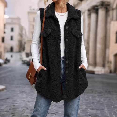 Womens Sherpa Fleece Vest Longline Button Front Flap Pockets Casual Winter - image 7