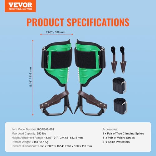 Image of VEVOR Tree Climbing Spikes, 1 Pair Height-Adjustable Climbing Spurs, 350lbs Load Capacity Tree Climbing Gear with Straps, Arborist Equipment for Climbers, Hunting, Fruit Picking