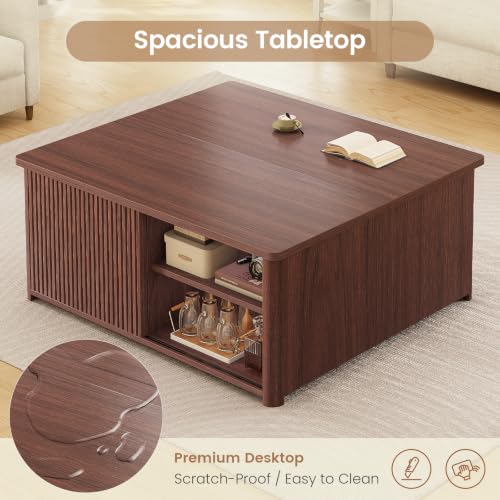 Image of SEDETA 31.5 inch Lift Top Coffee Table with Storage, Square Coffee Tables for Living Room, Fluted Coffee Table with Large Hidden Storage Compartment and Adjustable Shelves, Walnut