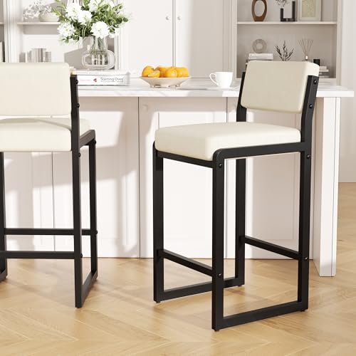 Image of 26IN Modern Bar Stools, Fabric Counter Height Barstools with Back and Footrest, Sturdy Thickened Metal Leg, Kitchen Bar Chairs for Island, Beige