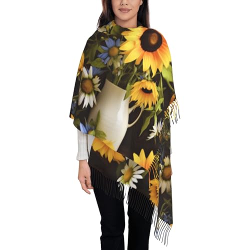 Écharpe à pompons imprimée tournesols contre le froid