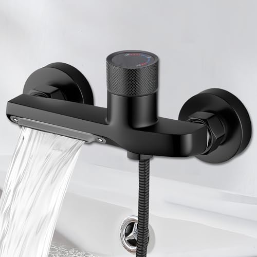 MYLERCT Badewannenarmatur Wasserfall, Wasserfall-Auslauf Badewanne Wasserhahn, Zwei-Funktions-Bad Armatur Badewanne, Schwarz Wasserhahn mit Drehknopf, für Wandmontage für Dusche MYLERCT Badewannenarmatur Wasserfall, Wasserfall-Auslauf Badewanne Wasserhahn, Zwei-Funktions-Bad Armatur Badewanne, Schwarz Wasserhahn mit Drehknopf, für Wandmontage für Dusche