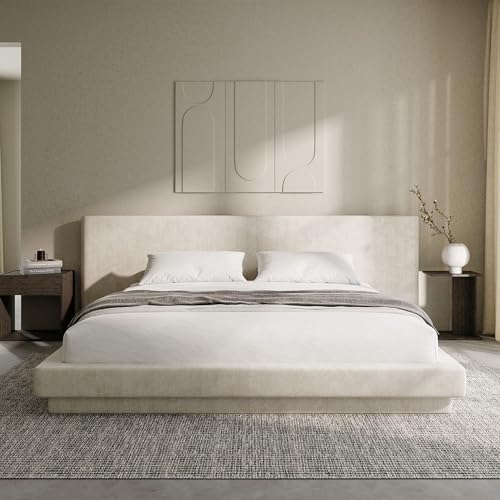 Image of RECCI AirFrame Cloud Upholstered Bed Frame with Extra Wide Headboard, 5 Inch Foam Fully Cushioned Platform, Easy Assembly, No Box Spring Needed (Beige, California King)