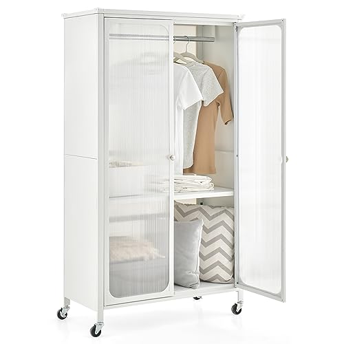 HOMASIS Armario ropero móvil con 2 Puertas Transparente Visible, Armario metálico con Barra de Colgar y Estante Ajustable y 2 Ruedas bloqueables, para Dormitorio, 80,5 x 36,5 x 147cm, Blanco