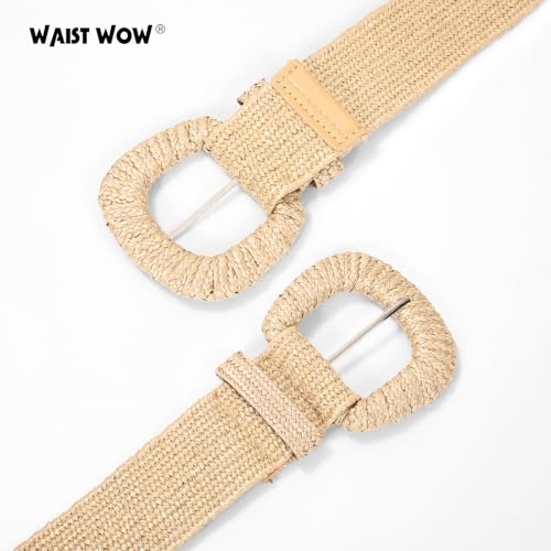 Image of Straw Woven Elastic Belt for Women Stretchy Belts for Dress Fashion Boho Waist Belt Rattan Raffia Ladies Belts