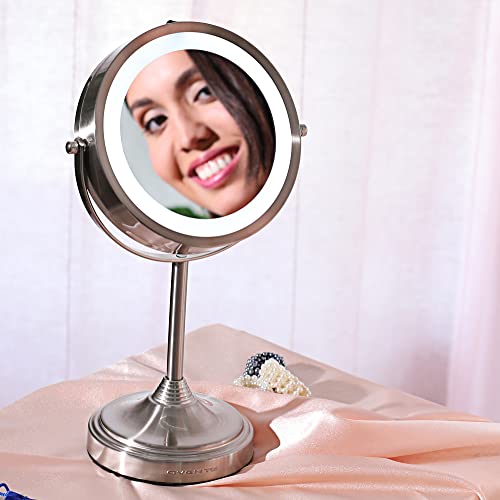Image of OVENTE 7'' Lighted Tabletop Makeup Mirror, 1X & 7X Magnifier, Spinning Double Sided Round LED, Great for Vanity, Bath, & Bedroom, Battery Powered, Nickel Brushed MCT70BR1X7X (Pack of 2)