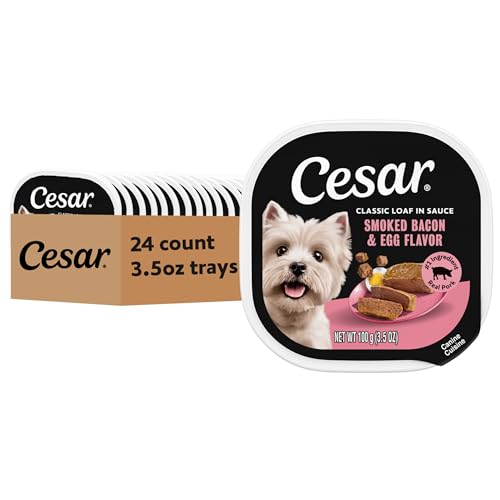 Image of Cesar Classic Loaf in Sauce Wet Dog Food, Bacon & Egg, 3.5 oz, 24 Count | Real pork #1 ingredient, easy peel trays, Made in USA, slow-cooked for tender texture, no fillers or artificial flavors