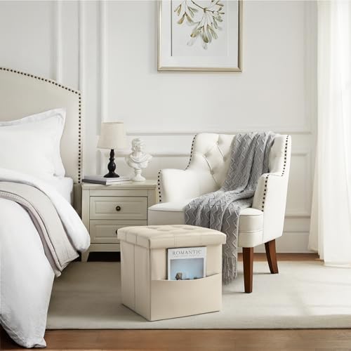 Image of Bsketa Storage Ottoman Bench,15 Inch Folding Leather Foot Rest Stool, Beige | Small Ottoman with Side Pockets, Thicker Foam Padded Seat, Livingroom, Dorm, Bedroom, Easy to install, 30L,15x15x15in