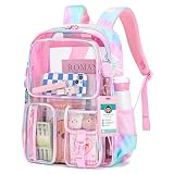 MUSEVOS Clear Backpack for School, Heavy Duty Clear Bookbag for Girls Boys Transparent Backpack with Badge Holder, Pink Tie-dye