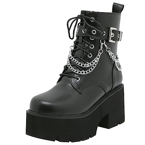 Image of Parisuit Womens Goth Patent Ankle Boots Platform Chunky Combat Boots