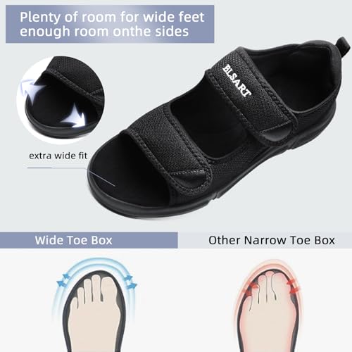 Diabetic Sandals for Men Wide Toe Swollen Feet Adjustable for Foot Pain Relief Open Toe Casual Athletic Diabetic Shoes Sandals for Outdoor Beach Travel Summer Black 8.52