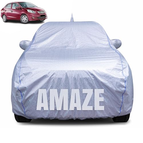 Image of 100% Waterproof Car Body Cover for Honda Amaze (2013-2017) with Mirror Pocket, Heat & UV Resistant, Triple Stitched, Soft Lining, Bottom Elastic & Piping (Silver Reflective)