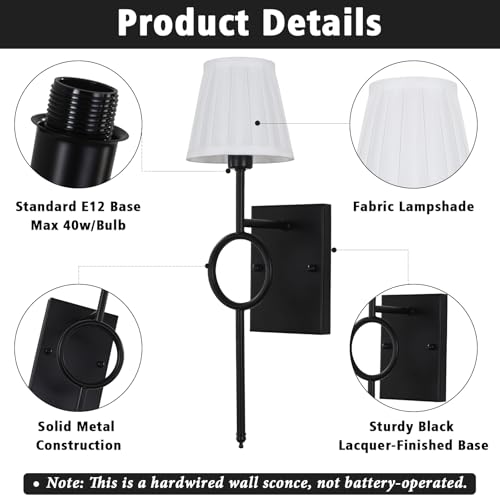 Image of ETONIMERR Modern Black Wall Sconces Set of Two, Wall Light Fixtures with White Pleated Fabric Shade, Industrial Wall Lamps for Bedroom Living Room Hallway Bathroom Vanity