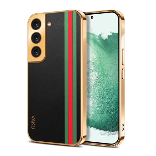 Image of Vaku Luxos Felix Line Back Cover for Samsung Galaxy S22 5G with Leather Pattern Gold Electroplated Soft TPU Cover Shockproof Protective Case - Black