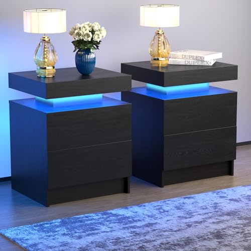 SMORBOSS LED Nightstands Set of 2 Modern Black Night Stand End Tables with APP & Remote Control LED Lighting 2 Drawers Open Shelf Storage Bedside Tables for Bedroom and Living Room