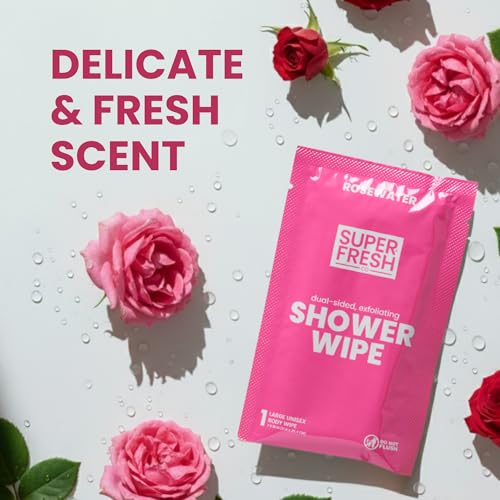 Super Fresh Shower Wipes Large RoseWater Body Wipes for No Rinse Bathing Personal Hygiene Gym Travel or Camping Enriched with Aloe and Vitamin E 20 Individually Wrapped Disposable Sheets