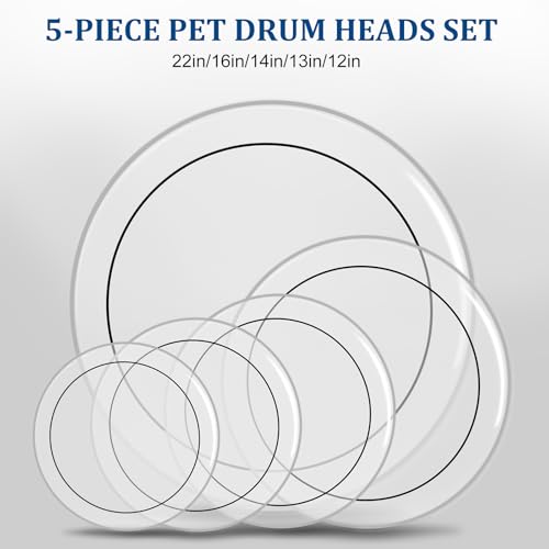 Ktaxon 5 Pieces Drum Heads, 12 Inch 13 Inch 14 Inch 16 Inch 22 Inch Pet Drum Head Kit, Standard Drumhead Pack Fit For Rock & Metal thumb #4