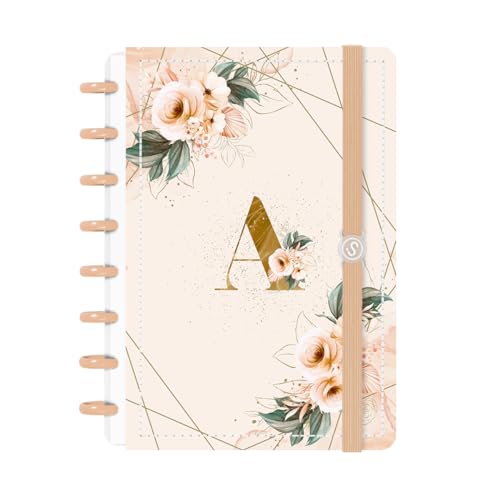 Caderno Disco Inteligente 80 Fls Monograma Floral Letra A (P (14 cm x 20 cm), Nude e Dourado)