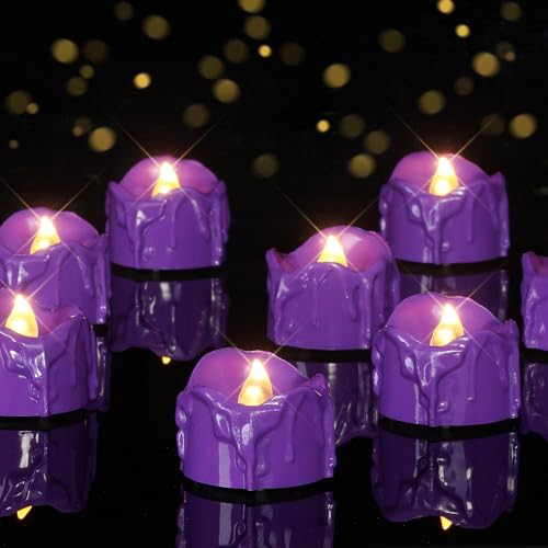 Image of Homemory Purple Dripping Flameless LED Tea Lights, 1.58 inch x 1.2 inch Battery Operated Flickering Fake Candles, 200+ Hours Electric Votive Tealights for Wedding, Halloween, Christmas Centerpieces, 12 Pack