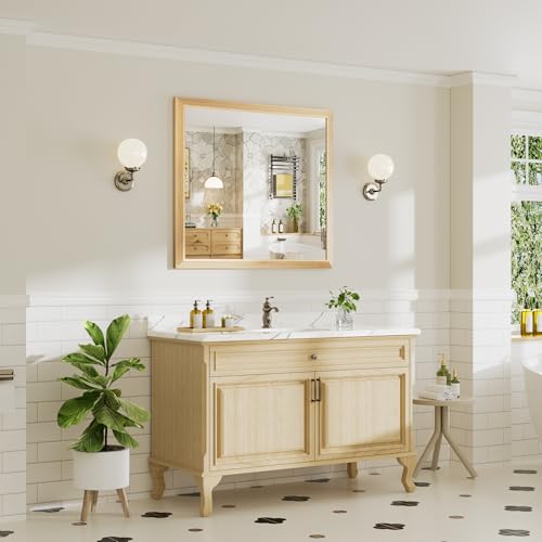 Image of 40x36 Inch Bathroom Mirror for Wall, Anti-Rust Oak Wood Grain Metal Framed Bathroom Mirrors for Over Sink,Rectangler Mirrors for Bathroom Vanity, Farmhouse, Bedroom, Living Room, Entryway Decor