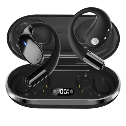 Caijin Auriculares Deportivos Inalámbricos Bluetooth 5.4 con Diseño de Gancho Abierto, Graves Potentes, Reducción de Ruido ENC, Resistencia al Agua IP54, 60 Horas de Reproducción (Negros)