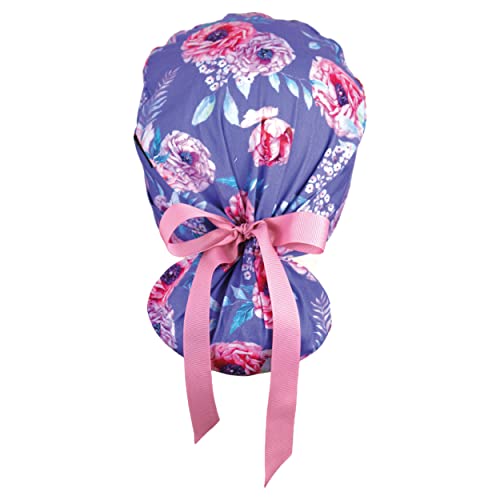 Image of Scrub Cap for Women and Men, Ponytail Scrub Caps, Working Hat, Head Cover with Ribbon Ties and Buttons, Long Hair