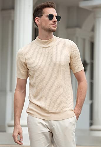 Qzh.duao Men's Casual Slim Fit Short Sleeve Mock Turtleneck Knit Pullover Sweater, Apricot, Medium #TOP4
