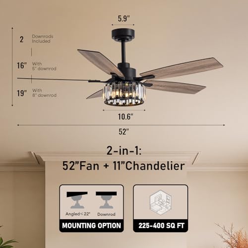 Image of 52 inch Crystal Fandelier Ceiling Fan with LED Lights, Chandelier Ceiling Fan with Remote and APP Control, Reversible Ceiling Fan for Indoor, Used in Bedroom, Living Room, Pation