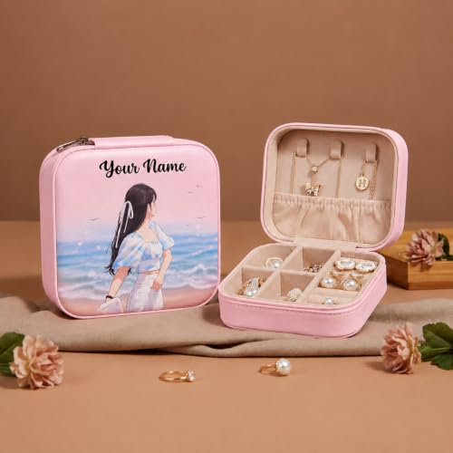 Image of PRIMIT Personalized Jewelry Box with Name & Birth Flower - Custom Travel Jewelry Organizer Case - Bridesmaid, Birthday, Christmas Gift for Women & Girls (Ocean View)