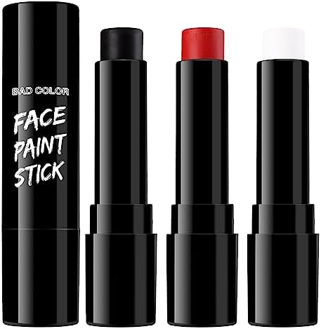 BADCOLOR 3PCS Face Paint Kit Sticks, Black White Red Eye Black Sticks Face Body Paint Makeup for Clown Sports Professional Halloween SFX Makeup Cosplay Joker Zombie Vampire Costume Parties