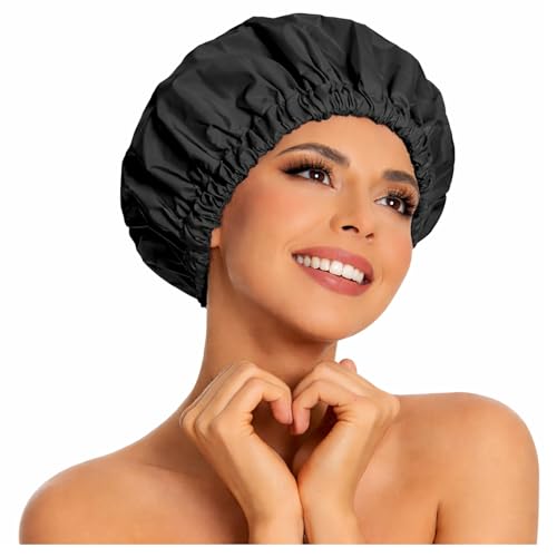 Touca de Banho Impermeável Reutilizável Unissex Extra Grande Preta com Elástico Ajustável — Proteção Total do Cabelo, Anti-Umidade, Dobrável, Lavável, Ideal para Banho, Spa, Maquiagem e Rotina