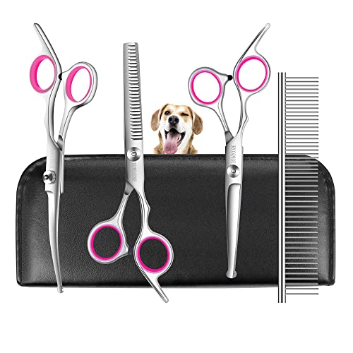 TOPGOOSE Dog Grooming Scissors Kit with Safety Round Tips, Professional 5 in 1 Grooming Scissors for Dogs Cat Pet at Home (Pink)