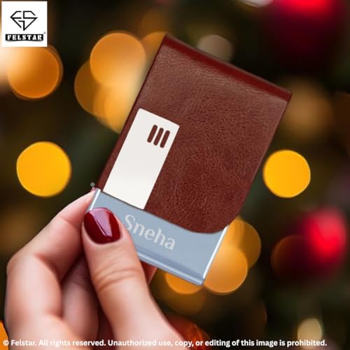Image of FELSTAR Customized /Personalized Card Holder with Name Engraved, PU Leather Professional Business Visiting Card Holder /Credit Card Holders Men Women, Corporate Gift for Employees (Brown)
