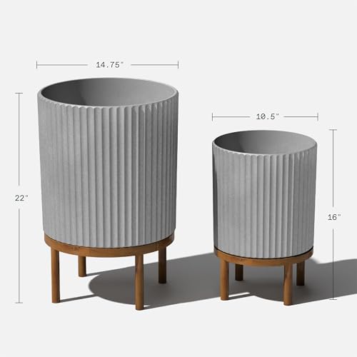 Image of Veradek Demi Series Raised Duo Planters - Set of 2 Planters with Stands | Made From a Durable Plastic-Stone Composite & Comes With Wooden Stand. Modern Porch /Patio Decor