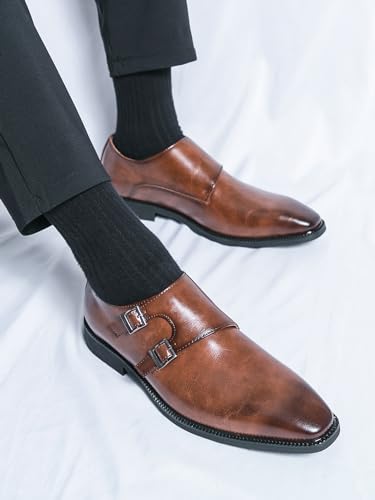 HOOENG Shoes Dress Oxford for Men Slip On Pointed Toe PU Leather Double Monk Strap Rubber Sole Slip Resistant Anti-Slip Low Top Working(Color:Brown,Size:11)2