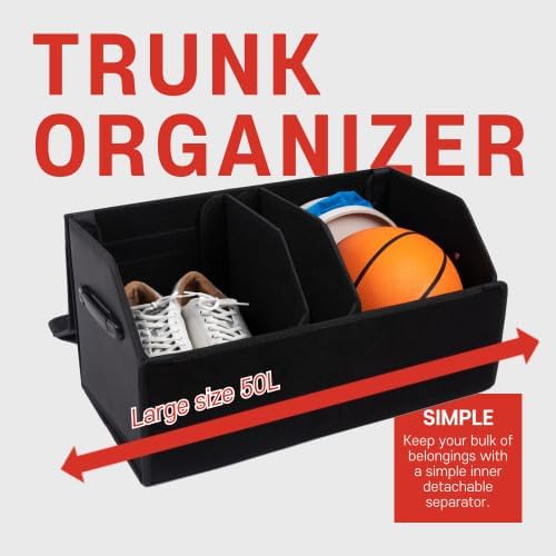 OLG Car Trunk Organizer 50L SUV Bin with (Magnetic Lid) (Faux Leather) (Collapsible Design) - (2 Dividers) (50kg Anti-Slip Hold) Waterproof Storage Box for Cars and Camping