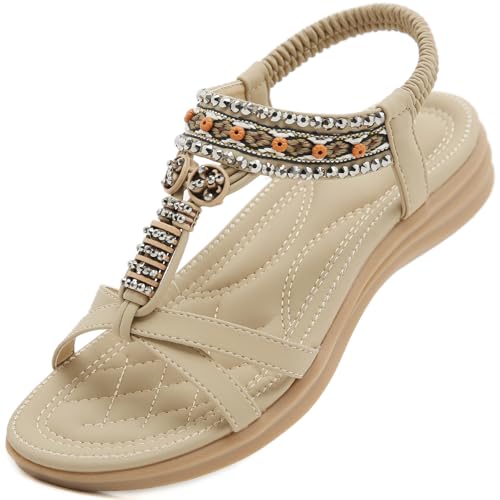 Acfoda Bohemian Sandalen Damen Sommer Flach Sandaletten Elegant Bequem Offene Sommerschuhe mit Strass und Weiches Fußbett Beige 38 Acfoda Bohemian Sandalen Damen Sommer Flach Sandaletten Elegant Bequem Offene Sommerschuhe mit Strass und Weiches Fußbett Beige 38