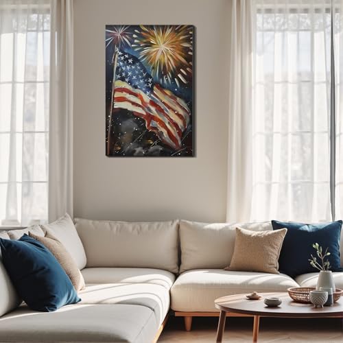 Image of Framed 4th of July Fireworks American Flag Wall Art, Patriotic Impasto Canvas Art Pictures, USA Flag Wall Decor for Living Room Man Cave Bar, Ready to Hang Made in USA