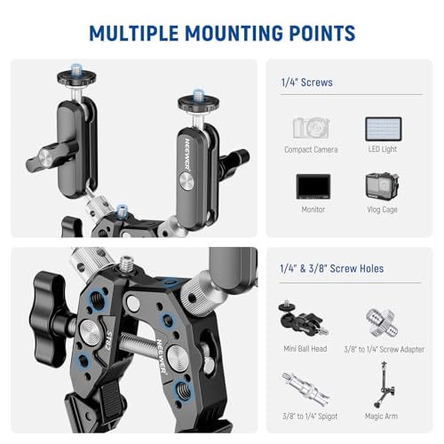 Image of NEEWER Heavy Duty Super Clamp with Two 360 Dual Ball Head Magic Arms, 1 /4 inch 3 /8 inch Screw Threads, Phone & Action Camera Mount Adapter for Flat /Round Surface Compatible with GoPro DJI Insta360 DSLR