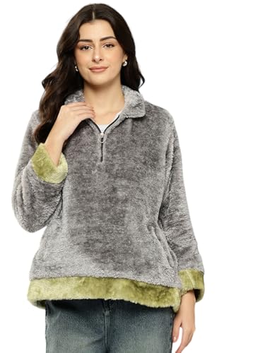 Image of Aarika Womens Winter Wear White-Pink Colour Solid Fur Sweat Shirt