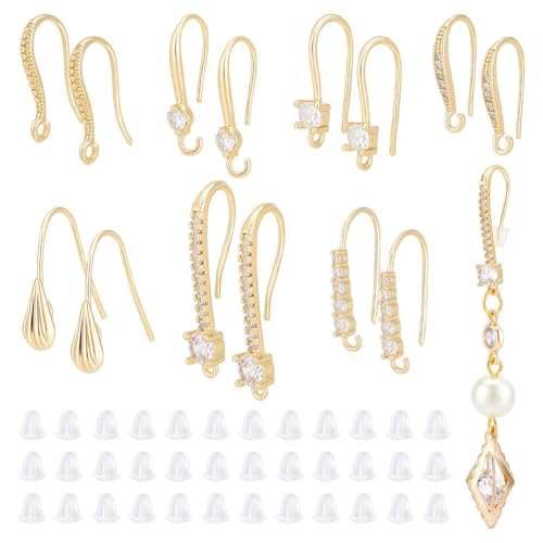 UNICRAFTALE 14Pcs 7 Style Real 18K Gold Plated Rhinestone Earring Hooks Brass Micro Pave Clear Rhinestones French Earring Hooks Ear Wire with Loops and Plastic Ear Nuts for DIY Jewelry Making