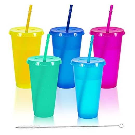 Huphant 5 Vasos de Plástico Duro con Pajitas y Tapas, Vasos de Agua Fría de Gran Capacidad de 710 ml, Vajilla Reutilizable, Vasos Irrompibles para Beber para Acampar en Fiestas