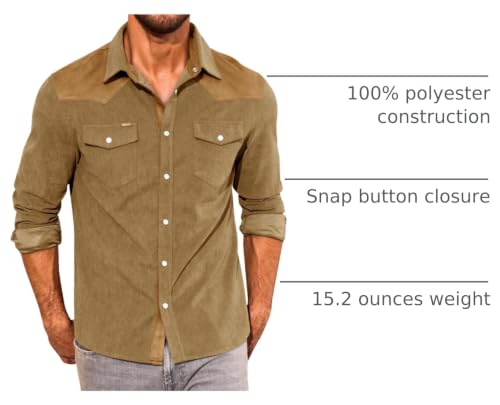 Image of Yousify Mens Western Cowboy Shirt Retro Corduroy Shirts with Pockets | Long Sleeve, Button Down, Vintage Snap Shirt, Country Shacket Jackets