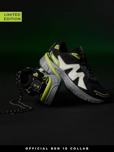 Image of The Souled Store Ben 10: OmniKicks Men and Boys Low Top Sneakers Black and Grey and Lime Green Streetwear Kicks Breathable Mesh Lightweight EVA Midsole Durable Rubber Sole Lace Up Comfortable