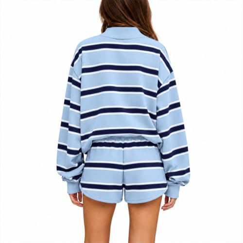 Womens Sweatsuits 2 Piece Set Striped Two Piece Mock Neck Sweatshirt Shorts - image 5