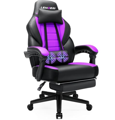 Image of LEMBERI Big and Tall Gaming Chair 400lb Capacity, Heavy-Duty Office Chair with Reinforced Footrest, Wide Seat High Back PC Desk Chair with Linkage Armrests, Thickened Steel Frame, PU Leather, Purple