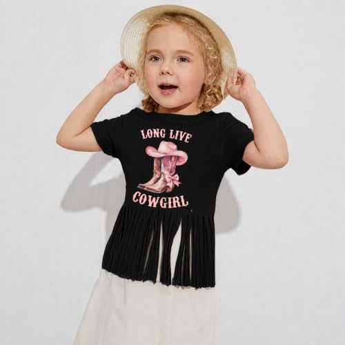 Image of Girls Western Shirt Cowgirls Embroidered Country Concert T Shirt Graphic Horseback Rider Tassel Fringe Tee Tops