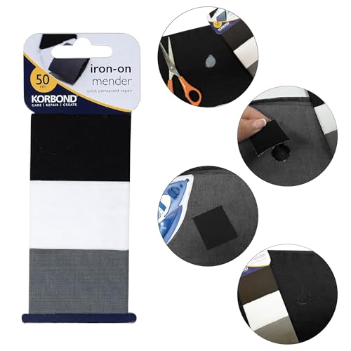 Korbond Fabric Repair Tape/Patch - Iron On - Pack Of 3 – Black, White & Grey – Each 3.8cm x 50cm – Total 1.5m Tape – Invisible Permanent Mending - Ideal for Fixing Clothes & Garments