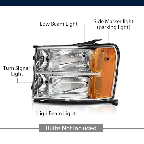 Image of GRAND ORANGE Headlights Assembly Compatible with GMC Sierra 1500 2007-2013, Fit GMC Sierra 2500HD 3500HD 2007-2014 22853029, 25799193, 22853030 Headlamps Clear lens Chrome Housing Amber Reflector
